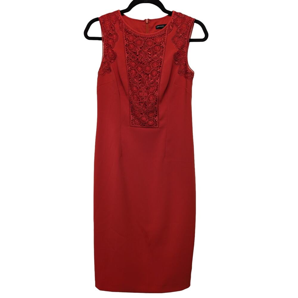 Karen Millen Sheath Midi Dress Red Lace Sophisticated Party Bodycon Sz 6